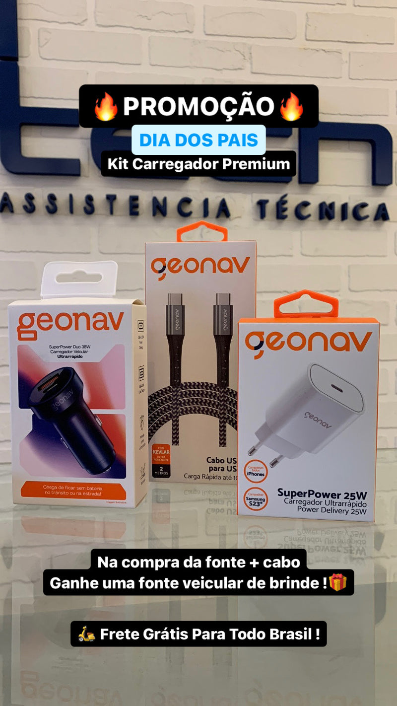 Carregador Veicular Turbo + Carregador 25w Turbo Tipo C + Geonav Cabo USB-C (tipo C) para USB-C (tipo C)